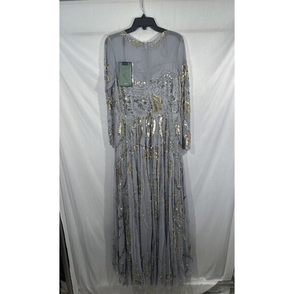 NWT $798 Mac Duggal [ 14 ] Long Sleeve Embellished Illusion Gown‎ Platinum Gold - Picture 13 of 15